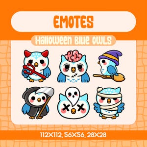 May include: A collection of six cartoon Halloween-themed blue owl emotes. Each owl has a unique design, including devil horns, a brain, a witch hat, a grim reaper outfit, a ghost, and bandages. The text "EMOTES" and "Halloween Blue Owls" are displayed.
