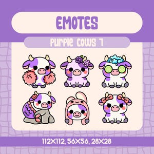6 Kawaii Purple Cow Emotes Pack for Twitch and Discord Streamers, Cute Cow Emote Set with Cheer Spa Mermaid Bunny and Girly Vibes