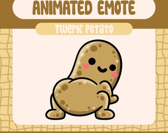 May include: Animated emoji of a brown potato with a smiling face, winking, and twerking. The text "Twerk potato" is above the potato. The text "112×112, 56×56, 28×28" is below the potato.