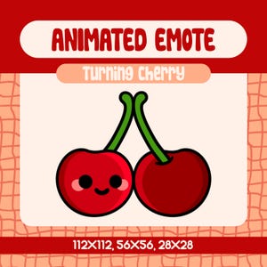 May include: Animated emote featuring two red cherries with green stems. One cherry has a smiling face. The text "ANIMATED EMOTE" and "Turning Cherry" are displayed above the cherries. The image dimensions are 112x112, 56x56, and 28x28 pixels.