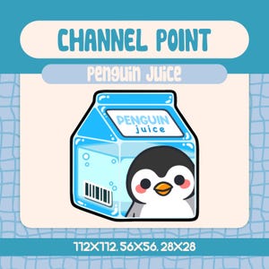 May include: A cartoon illustration of a blue carton of "Penguin Juice" with a smiling penguin face. The text "CHANNEL POINT" and "Penguin Juice" are displayed above the carton. The dimensions are listed as 112x112, 56x56, 28x28.