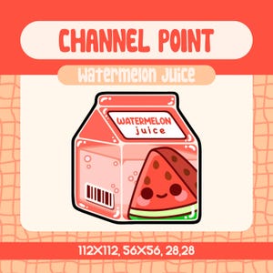 May include: A cartoon illustration of a pink watermelon juice box with a smiling watermelon slice. The text "CHANNEL POINT" and "Watermelon Juice" are displayed above the juice box. The image has a grid-like background.