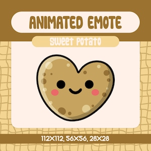 May include: Animated heart-shaped sweet potato emoji with a smiling face and rosy cheeks. The emoji is brown with a light brown outline. The text "ANIMATED EMOTE" and "sweet potato" are above the emoji. The text "112×112, 56×56, 28×28" is below the emoji.