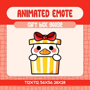 Geschenkdoos geanimeerde emote met gans voor Twitch and Discord, schattige witte gans in gestreepte geschenkdoos voor stroomverrassingen, verjaardagen en reacties