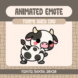 Emote animée vache noire twerk kawaii pour Twitch et Discord, emote vache drôle danse du butin pour réactions hype et moments mèmes