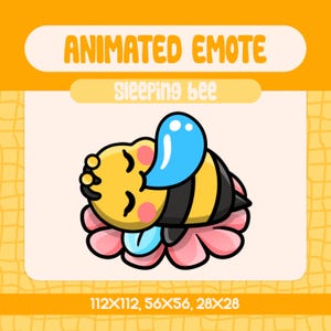 May include: Animated sleeping bee emoji with a yellow body, black stripes, blue wings, and pink flower. The bee is sleeping with its head on its wing. The emoji is available in three sizes: 112x112, 56x56, and 28x28.