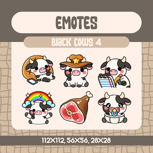 6 Kawaii Black Cow Emotes Pack for Twitch and Discord Streamers, Cozy Cow Emote Set with Rainbow Baby Sheriff and Meat Themes