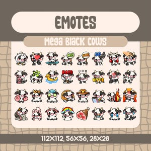 32 Kawaii Black Cow Emotes for Twitch and Discord Streamers, Ultimate Cute Cow Emote Bundle with Fun Reactions Cozy Food and Text Signs