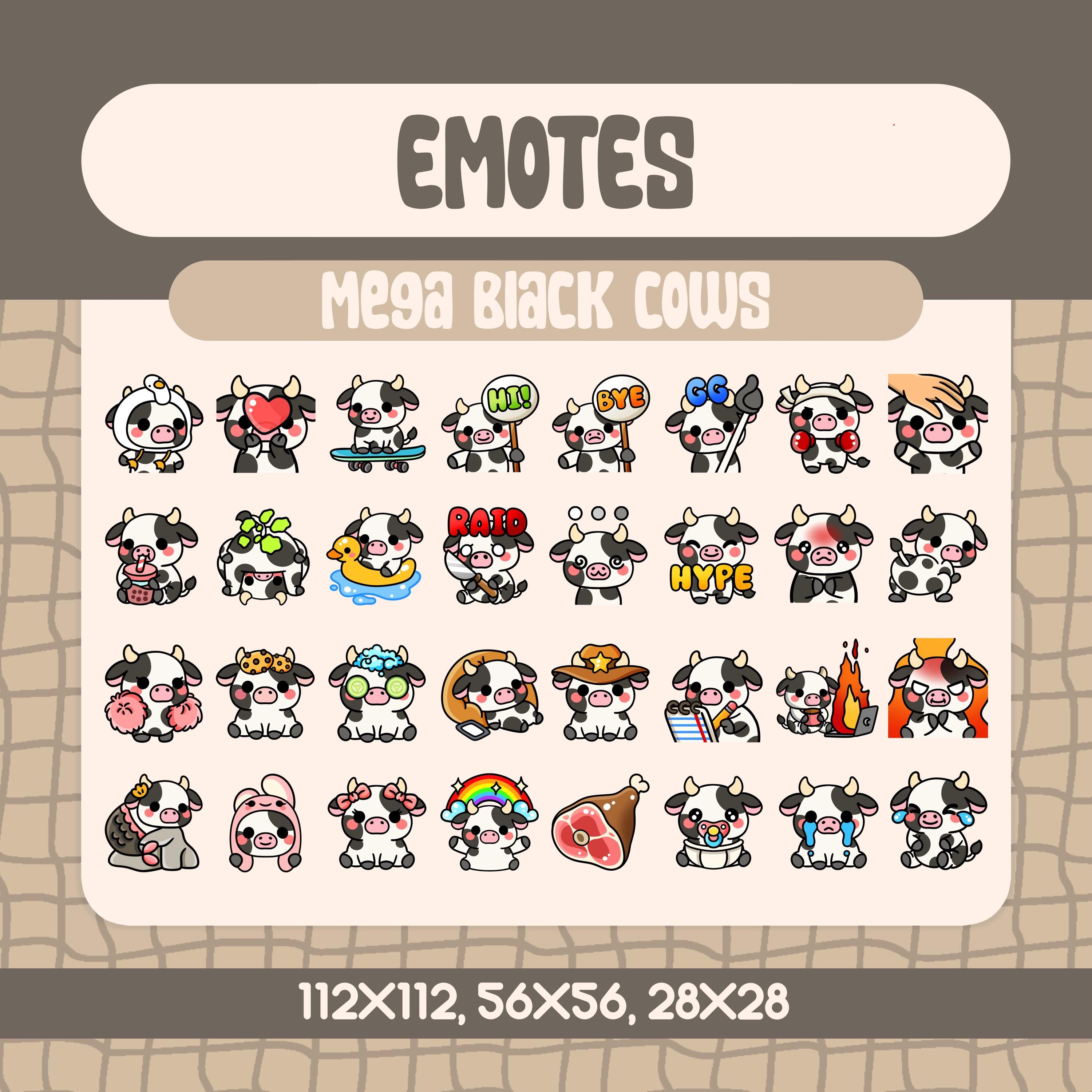 32 Kawaii Black Cow Emotes for Twitch and Discord Streamers, Ultimate Cute Cow Emote Bundle with Fun Reactions Cozy Food and Text Signs