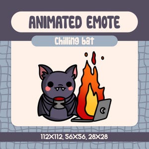 Kawaii Chilling Bat Animated Emote for Twitch and Discord, Cute Bat with Burning Laptop Emote for Halloween and Spooky Streams