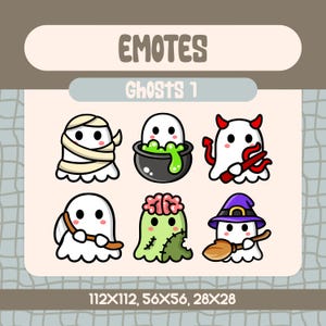 May include: Set of six cartoon ghost emojis in various poses and costumes, including a mummy, a devil, a zombie, a witch, and two regular ghosts. The emojis are in different sizes, with the largest being 112 pixels by 112 pixels, the medium being 56 pixels by 56 pixels, and the smallest being 28 pixels by 28 pixels. The text "EMOTES Ghosts 1" is at the top of the image.