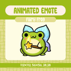 Può includere: Emoticon animato di una rana fata verde con ali blu che tiene una bacchetta magica con una stella gialla all'estremità. Il testo "Fairy Frog" è sopra la rana e il testo "112X112, 56X56, 28,28" è sotto la rana.