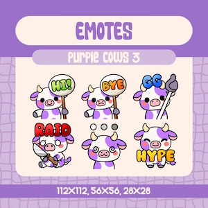 6 Kawaii Purple Cow Emotes Pack for Twitch and Discord Streamers, Fun Cow Emote Set with Hi Bye GG Hype and Raid Reactions