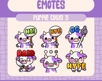 Kawaii Purple Cow Emotes Pack, Twitch and Discord Streamer Reactions (Digital Download)
