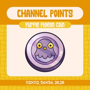Emote de puntos de canal de moneda de paloma morada para Twitch: un ícono de moneda de pájaro divertido y único para streamers, ideal para recompensas de Discord.
