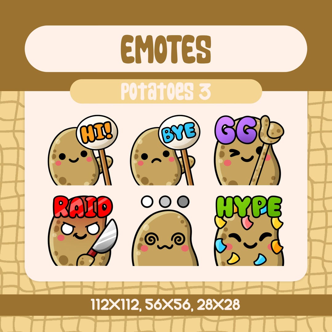 TwitchとDiscord向けのかわいいゲーマーポテトエモートパック、盛り上がりやレイドの瞬間のための楽しくて表現力豊かなポテトエモート6種類 -  Etsy 日本