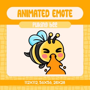 Könnte beinhalten: Animiertes Emoji einer gelben und schwarzen Biene mit einem blauen Flügel, die orangefarbenen Honig erbricht. Der Text "Puking bee" befindet sich über der Biene. Der Text "112x112, 56x56, 28x28" befindet sich unter der Biene.