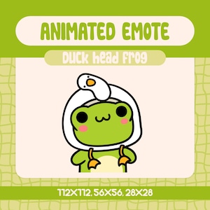 Può includere: Immagine di un cartone animato di una rana verde con un cappello da anatra bianco. La rana ha occhi neri, bocca curva e guance rosa. L'immagine include il testo "ANIMATED EMOTE" e "DUCK head FROG". Le dimensioni sono 112x112, 56x56, 28x28.