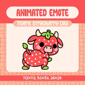 Emote animée vache twerk fraise kawaii pour Twitch et Discord, émoticône vache dansante drôle pour les réactions et les moments de discussion hype