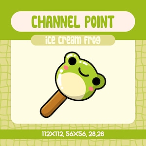 May include: A green frog ice cream on a stick. The ice cream is shaped like a frog with a smiling face and closed eyes. The text "CHANNEL POINT ice cream frog" is above the image. The text "112X112, 56X56, 28,28" is below the image.