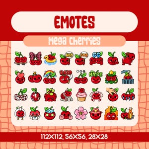 Może przedstawiać: Kolekcja czerwonych emotikonów z wiśniami o różnych wzorach i wyrazach. Tekst "EMOTES" i "Mega Cherries" są wyświetlane u góry. Obraz zawiera rozmiary: 112x112, 56x56 i 28x28.