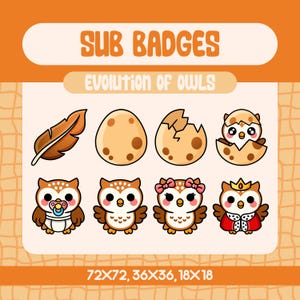 Kawaii Owl Evolution Sub Badges for Twitch, Cute Brown Bird Growth Badge Set, Feather to Royal Owl Twitch Subscriber Badges