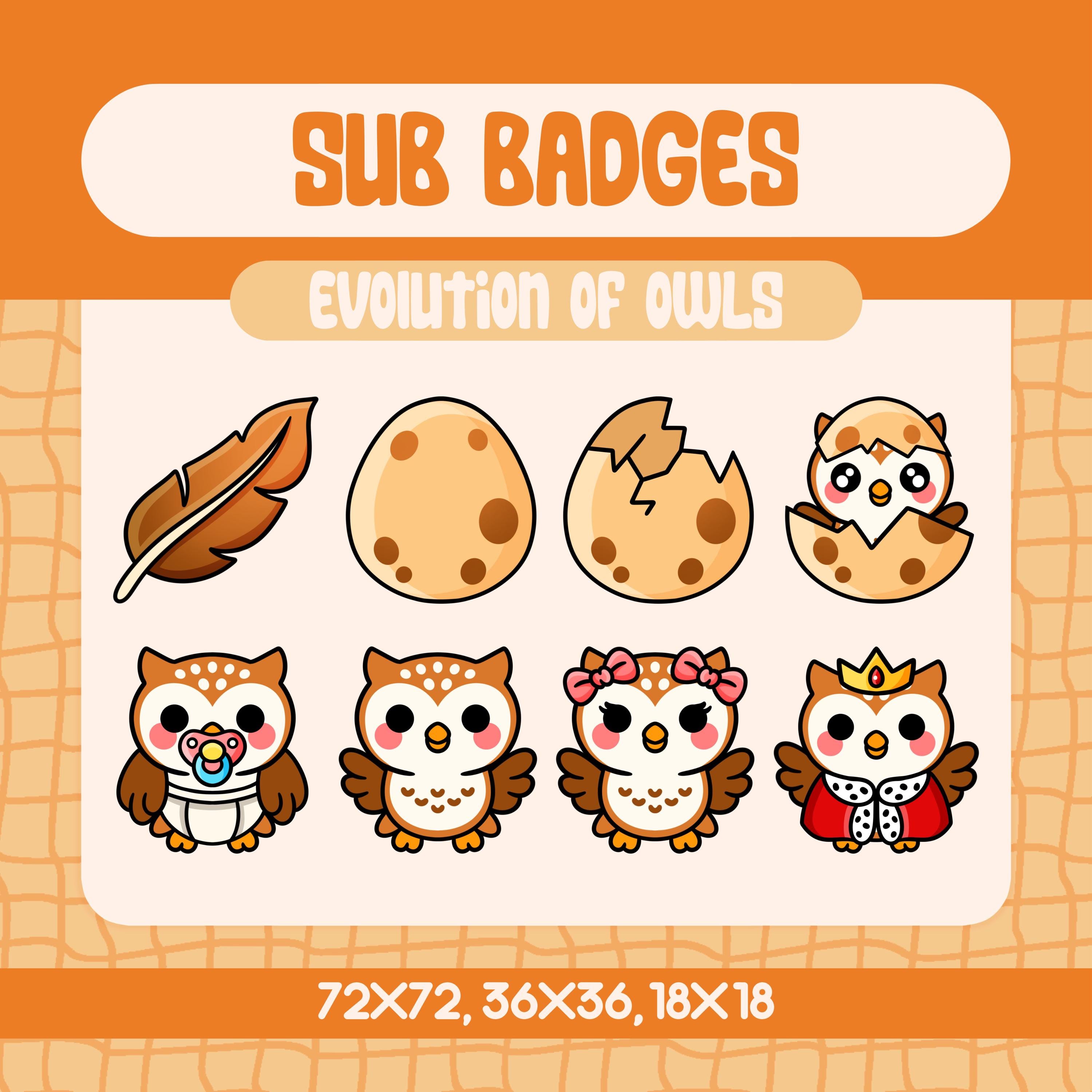 Kawaii Owl Evolution Sub Badges for Twitch, Cute Brown Bird Growth Badge Set, Feather to Royal Owl T