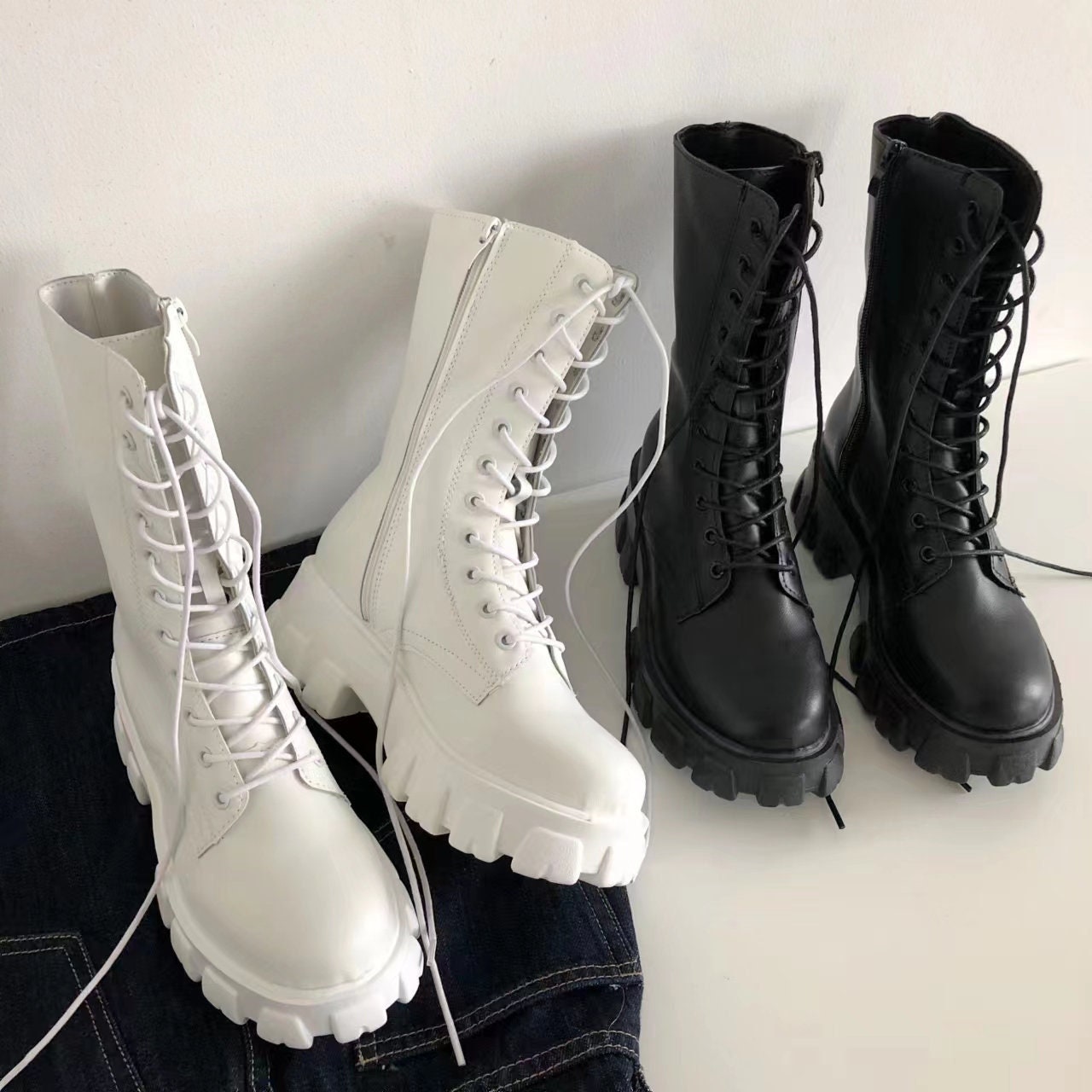 platform combat boots white
