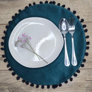 Dark Green Velvet Placemats with Black Pompoms - Boho Dining Decor, Set of 6
