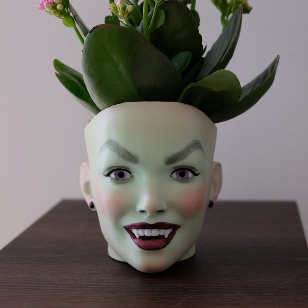 small planter halloween vamp witch pla 3d pin up vintage retro hand painted own design woman head 50s bust 40s flower pot plant pot