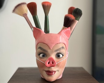 Pot small halloween pig costume mask pla 3d pin up vintage retro design woman head 50s bust 40s flowerpot brush container make up gift