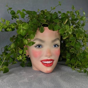 Puede incluir: Un macetero de cerámica blanca con forma de rostro de mujer con plantas verdes de hojas que crecen en la parte superior de su cabeza.