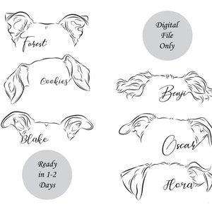 Puede incluir: Ilustraciones en blanco y negro de seis cabezas de perro con sus nombres escritos debajo. Los nombres son Forest, Cookies, Benji, Blake, Oscar y Flora. El texto "Archivo digital solamente" est&aacute; escrito en un c&iacute;rculo en la parte superior derecha de la imagen. El texto "Listo en 1-2 d&iacute;as" est&aacute; escrito en un c&iacute;rculo en la parte inferior central de la imagen.