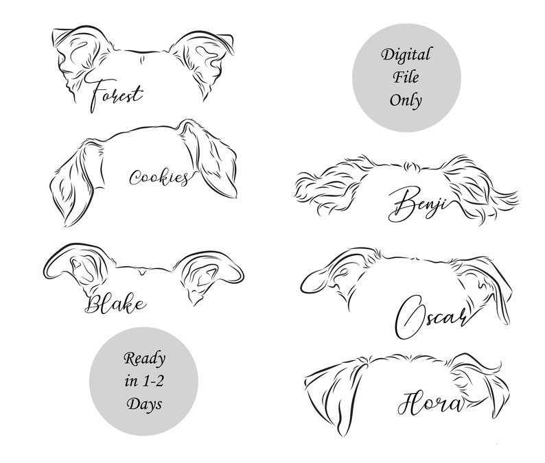 Puede incluir: Ilustraciones en blanco y negro de seis cabezas de perro con sus nombres escritos debajo. Los nombres son Forest, Cookies, Benji, Blake, Oscar y Flora. El texto "Archivo digital solamente" est&aacute; escrito en un c&iacute;rculo en la parte superior derecha de la imagen. El texto "Listo en 1-2 d&iacute;as" est&aacute; escrito en un c&iacute;rculo en la parte inferior central de la imagen.