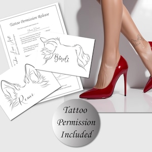 Puede incluir: Dos retratos de perros en blanco y negro, dibujados con l&iacute;neas, con los nombres "Remi" y "Bindli" escritos debajo. Los retratos est&aacute;n sobre papel blanco con fondo blanco. La imagen tambi&eacute;n incluye las piernas de una mujer con tacones altos rojos y un c&iacute;rculo plateado con el texto "Tattoo Permission Included".