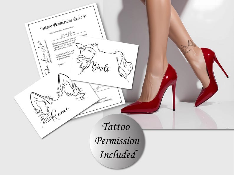 Puede incluir: Dos retratos de perros en blanco y negro, dibujados con l&iacute;neas, con los nombres "Remi" y "Bindli" escritos debajo. Los retratos est&aacute;n sobre papel blanco con fondo blanco. La imagen tambi&eacute;n incluye las piernas de una mujer con tacones altos rojos y un c&iacute;rculo plateado con el texto "Tattoo Permission Included".