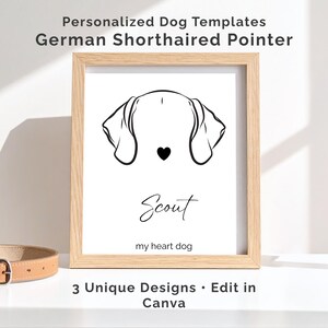 Könnte beinhalten: Ein gerahmter Druck mit einer minimalistischen Schwarz-Weiß-Illustration des Gesichts eines Deutsch Kurzhaar, mit einer herzförmigen Nase. Der Name des Hundes, "Scout", ist darunter geschrieben. Der Text oben lautet "Personalisierte Hundevorlagen."