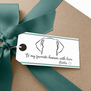 May include: A white gift tag with a black outline of a dog's ears and the text "To my favorite human, with love Charlie ♡" is tied to a gift with a teal ribbon. The tag has a black eyelet.