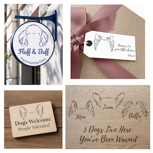 May include: A collection of dog-themed items. Includes a blue and white sign for a dog grooming salon, a gift tag with a dog illustration, a wooden sign that says "Dogs Welcome People Tolerated", and a wooden sign with dog illustrations and text.