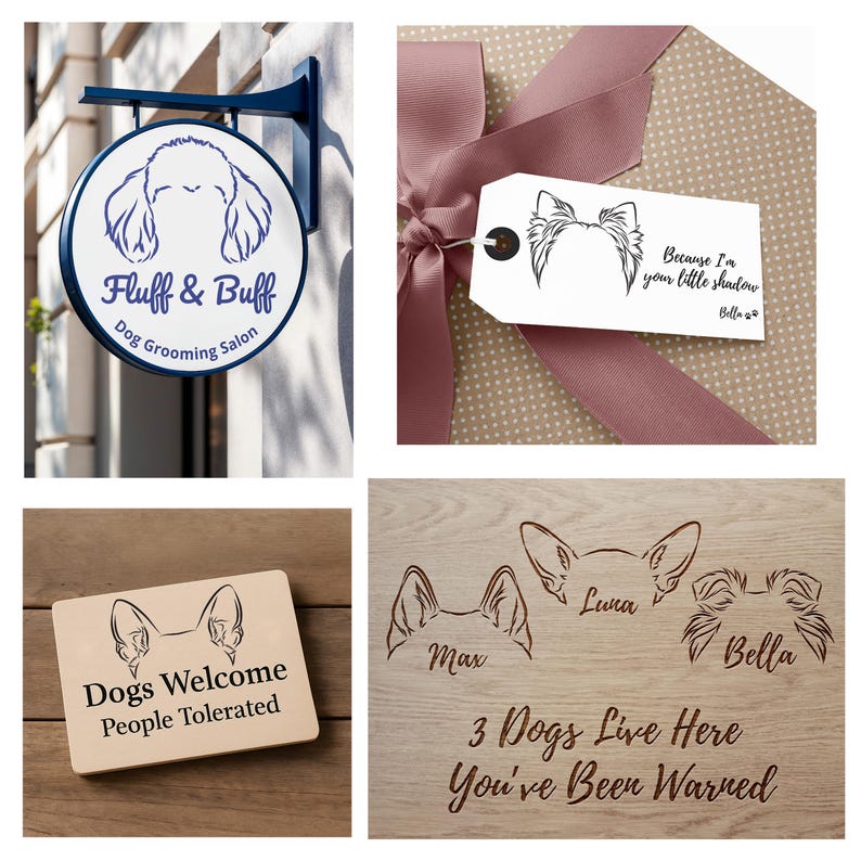 May include: A collection of dog-themed items. Includes a blue and white sign for a dog grooming salon, a gift tag with a dog illustration, a wooden sign that says "Dogs Welcome People Tolerated", and a wooden sign with dog illustrations and text.