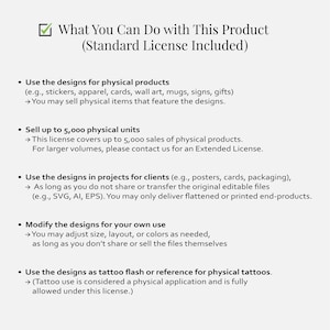 May include: A white background with text detailing the standard license for a product. The text includes what the designs can be used for, such as physical products, projects for clients, and tattoo flash. The license covers up to 5,000 physical units.