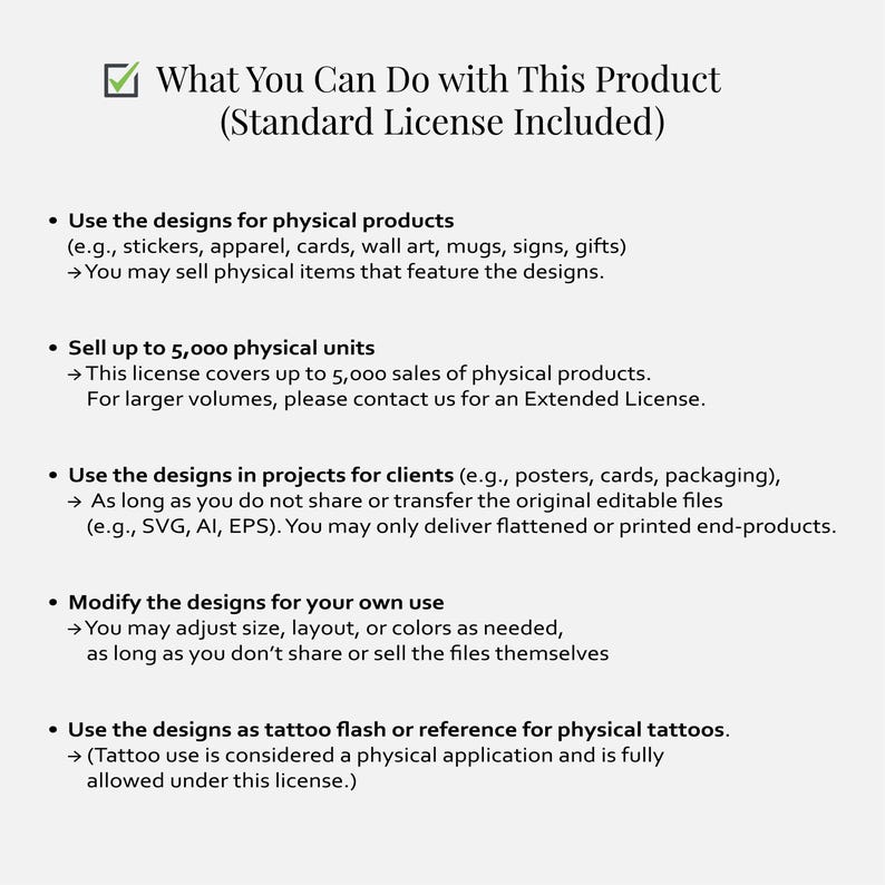 May include: A white background with text detailing the standard license for a product. The text includes what the designs can be used for, such as physical products, projects for clients, and tattoo flash. The license covers up to 5,000 physical units.