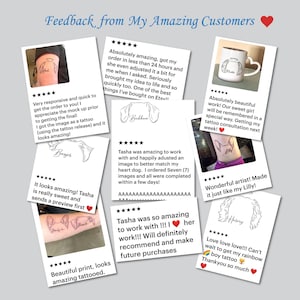 Puede incluir: Un collage de rese&ntilde;as de clientes para tatuajes personalizados de retratos de mascotas. Las rese&ntilde;as destacan la capacidad de respuesta, la velocidad y la atenci&oacute;n al detalle del artista. Las im&aacute;genes muestran ejemplos de tatuajes terminados, incluyendo un perro, un gato y un p&aacute;jaro.