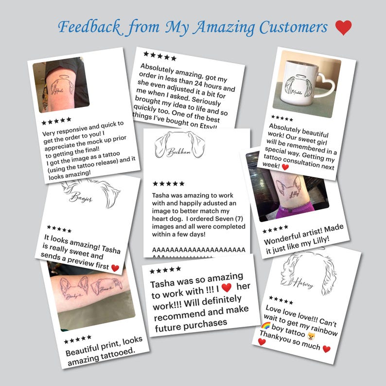 Puede incluir: Un collage de rese&ntilde;as de clientes para tatuajes personalizados de retratos de mascotas. Las rese&ntilde;as destacan la capacidad de respuesta, la velocidad y la atenci&oacute;n al detalle del artista. Las im&aacute;genes muestran ejemplos de tatuajes terminados, incluyendo un perro, un gato y un p&aacute;jaro.