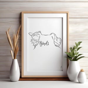 Puede incluir: Impresi&oacute;n en blanco y negro de arte de l&iacute;nea de la cabeza de un perro con el nombre "Bindi" escrito debajo.