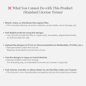 May include: A white background with black text detailing the standard license terms for a product. The text includes restrictions on reselling, sharing, selling digital products, uploading designs to print-on-demand platforms, using designs in logos, and sub-licensing.