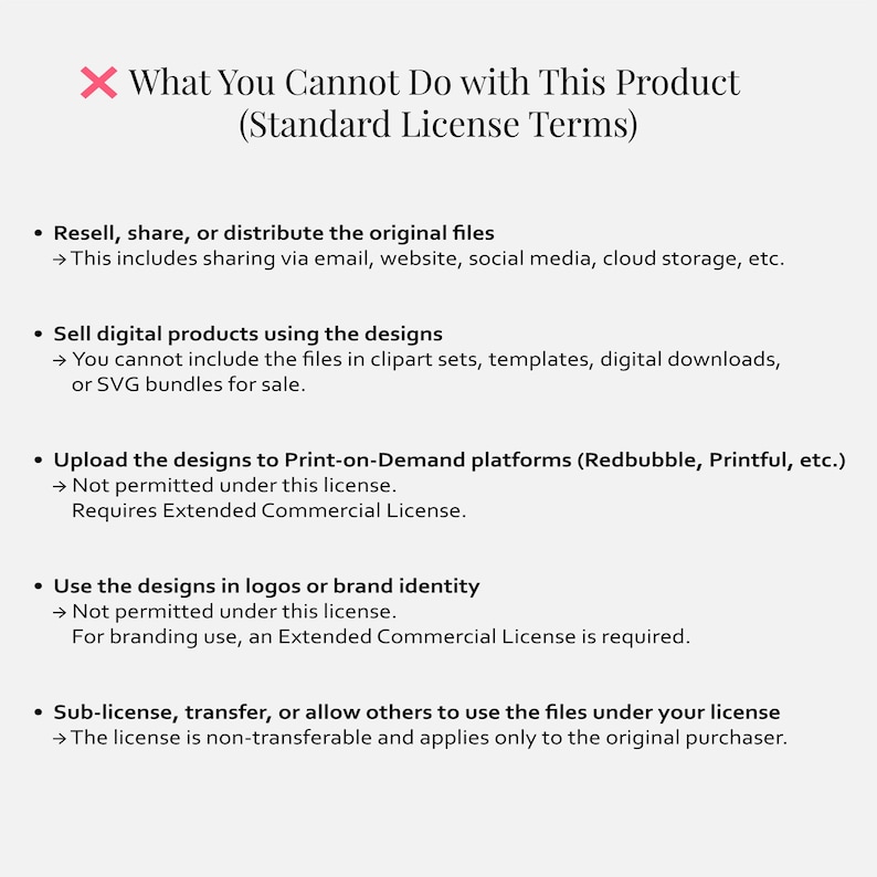 May include: A white background with black text detailing the standard license terms for a product. The text includes restrictions on reselling, sharing, selling digital products, uploading designs to print-on-demand platforms, using designs in logos, and sub-licensing.