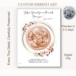 Könnte beinhalten: Ein individueller Embryo-Kunstdruck mit einer zentralen kreisförmigen Illustration eines mehrzelligen Embryos in Kupferfarben, umgeben von einem goldenen Ring und floralen Akzenten. Der Text enthält "Before I formed you in the womb I knew you... Jeremiah 1:5" und Daten.