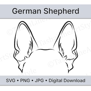 May include: A black and white line drawing of a German Shepherd's ears. The image includes the text "German Shepherd" at the top and "SVG • PNG • JPG • Digital Download" at the bottom.