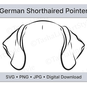 Puede incluir: Un dibujo lineal en blanco y negro de la cabeza y las orejas de un Braco Alemán. La imagen incluye el texto "German Shorthaired Pointer" y "SVG • PNG • JPG • Digital Download".